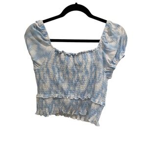 LUSH Blue Swirl Smocked Short Sleeve Square Neck Crop Top Size XL NWT